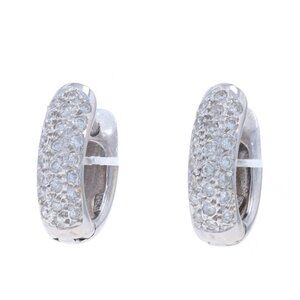 White Gold Diamond Huggie Hoop Earrings - 18k Round .50ctw Cluster Pierced